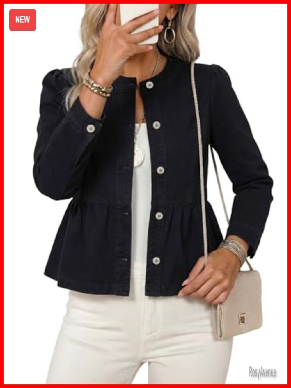 Cropped Denim Jacket Women Button Down Long Sleeve Collarless Cinched Waist